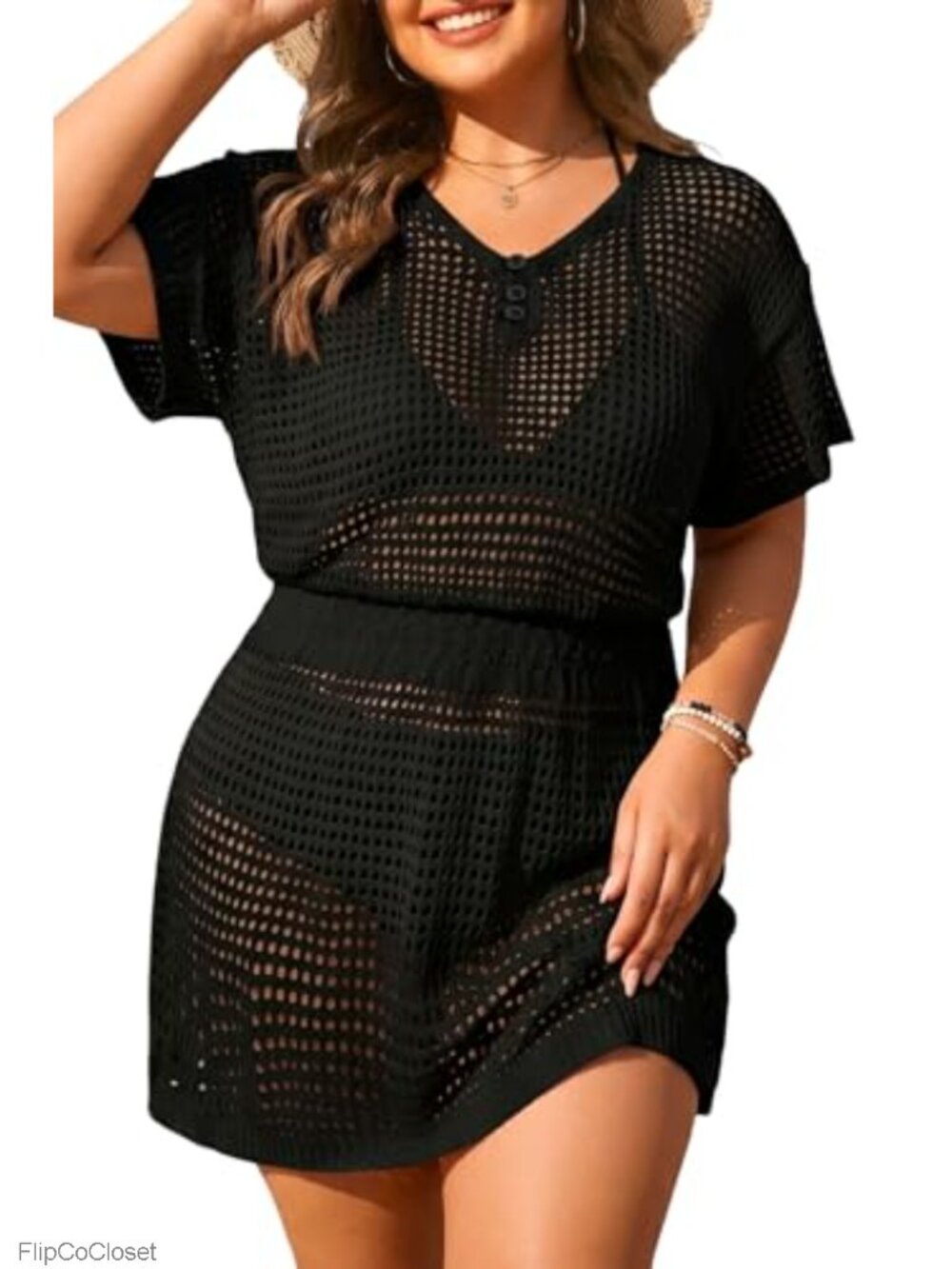 Plus Size Crochet Swimsuit Cover Up Short Sleeve Beach Dress
